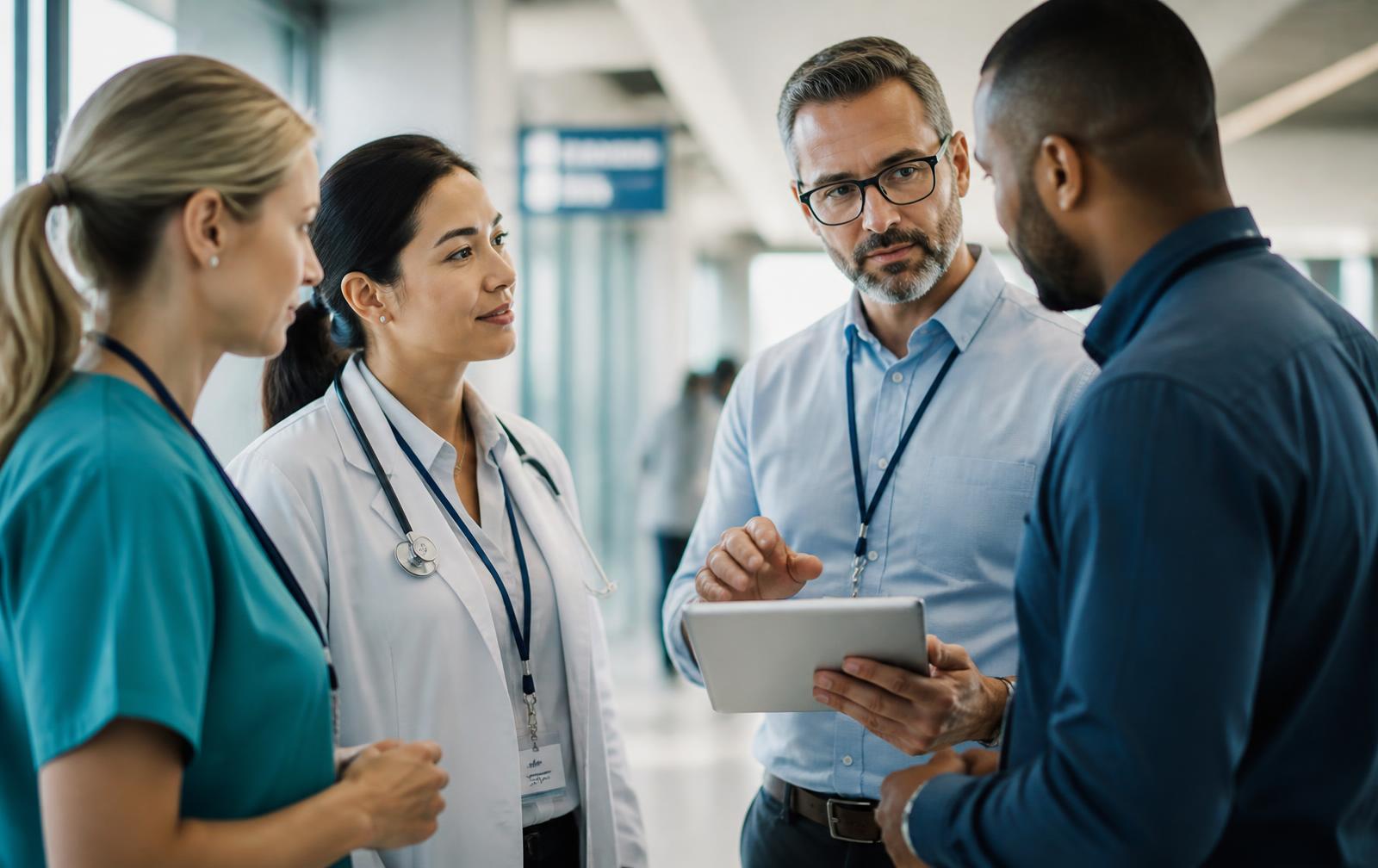 Healthcare and IT professionals collaborating in a hospital corridor